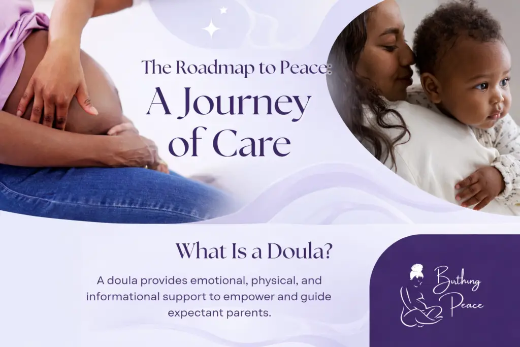 Doula supporting pregnancy, labor, and postpartum care journey infographic.