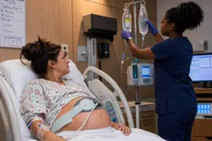 Pregnant mother beginning a labor induction while a nurse prepares pitocin infusion in a hospital labor and delivery room.