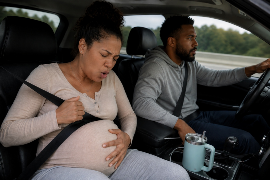 Pregnant couple traveling by car to the hospital during labor