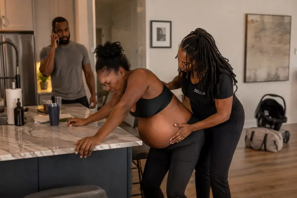 Pregnant mother laboring at home with support during a contraction
